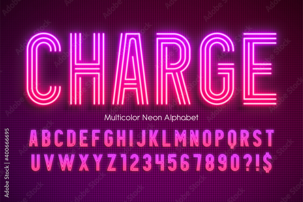 Neon light multicolor alphabet, extra glowing modern type