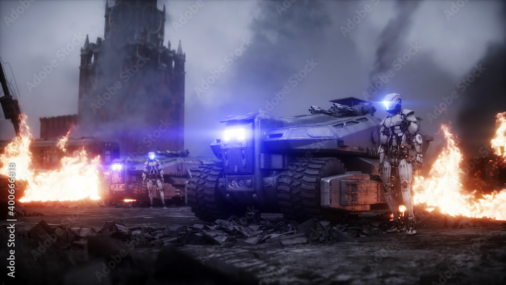 Russian apocalypsis. Military car in a burning ruined Moscow city. Armageddon view. Postapocalyptic. 3d rendering.