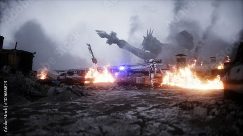 American apocalypsis. Military car in a burning ruined city. Armageddon view. 3d rendering.