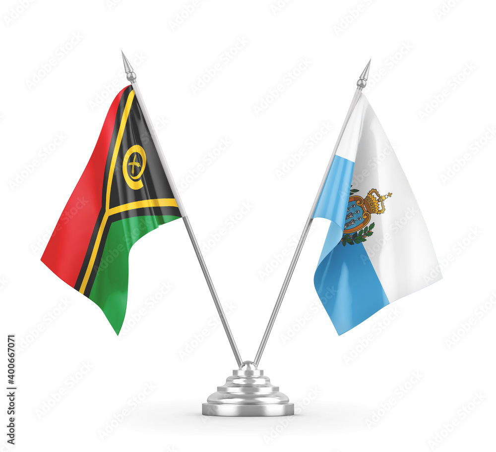 San Marino and Vanuatu table flags isolated on white 3D rendering San Marino and Vanuatu table flags isolated on white 3D rendering