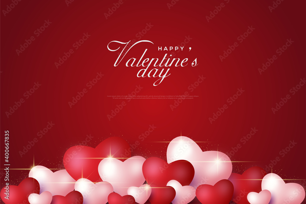 Valentine day background with red and white balloons at the bottom of the background