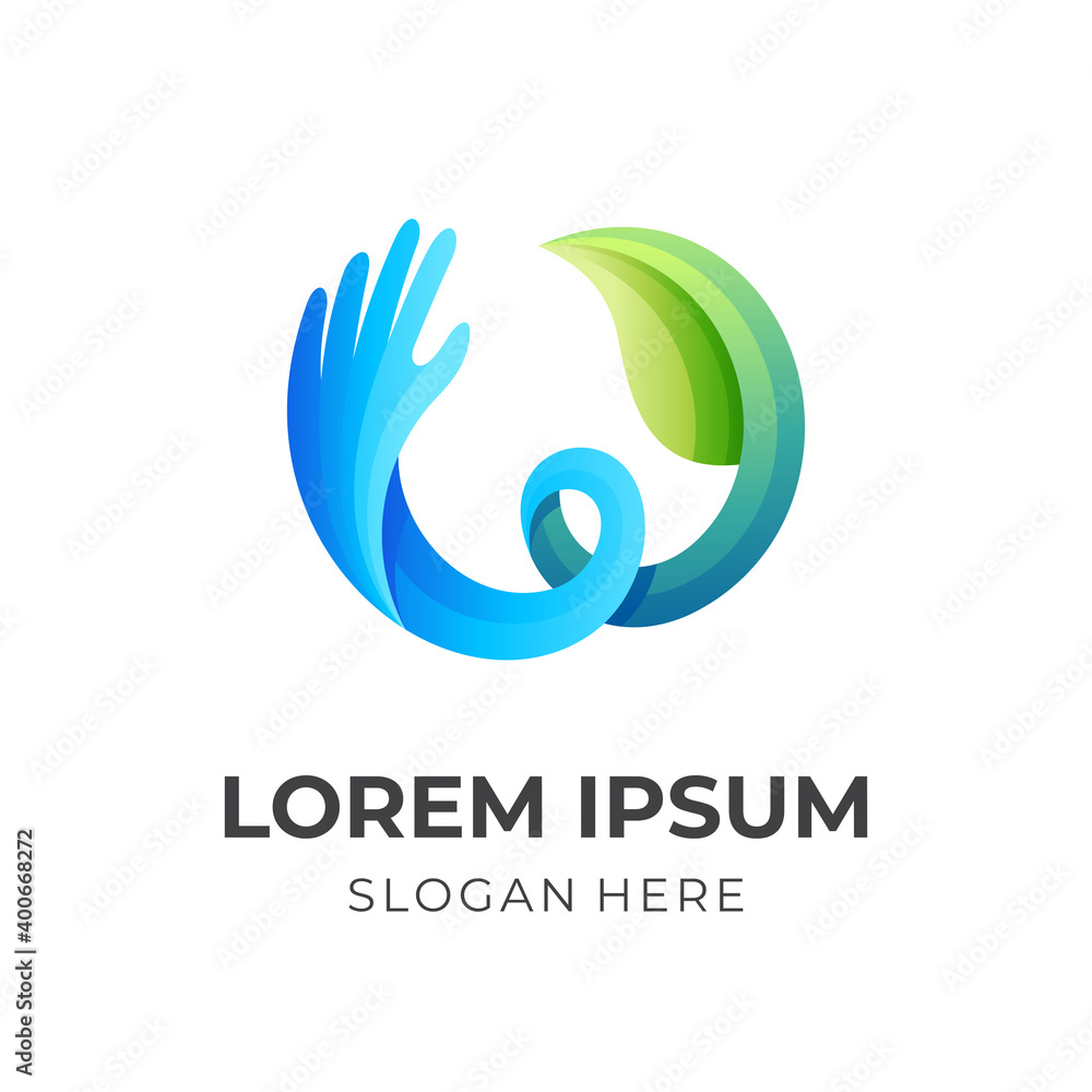 Obraz premium nature hand logo, leaf and hand, combination logo with 3d colorful style