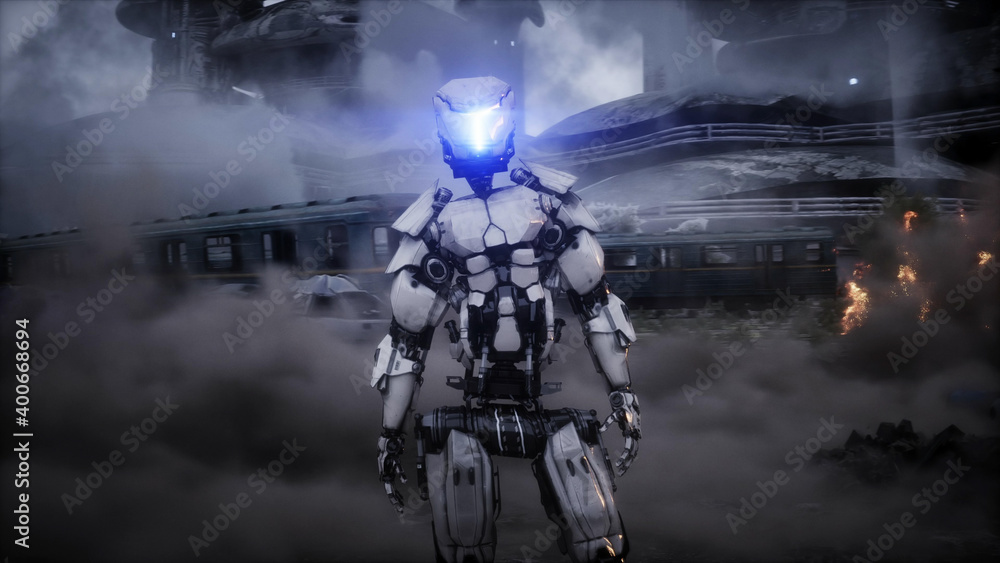 Futuristic sci fi ship take wing. Military robot. Apocalypse city. 3d rendering. Futuristic sci fi ship take wing. Military robot. Apocalypse city. 3d rendering.
