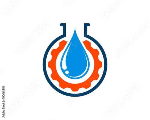 Bottle laboratory with gear and water drop
