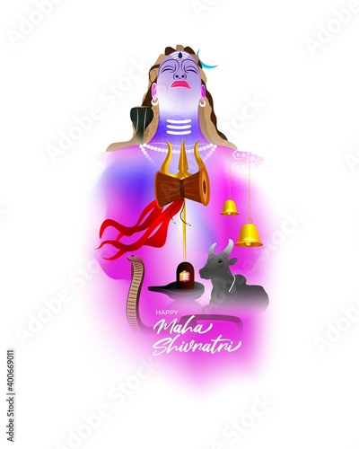 Vector illustration of Maha Shivratri banner with trishula, lingam, bells and God Shiva, Hindu festival Shivratri poster.
