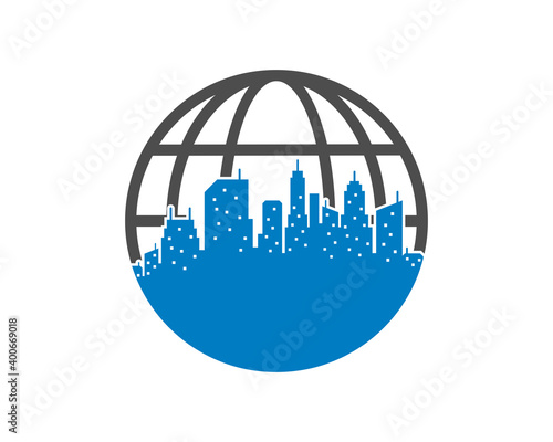 Real estate city building with globe shape logo