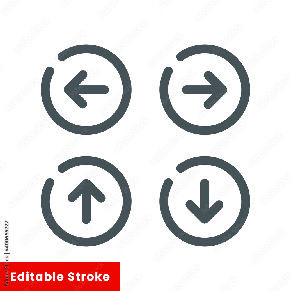 Arrow, direction, navigation, left, right, up, down icon, line style. Left and right, up and down web button in circle. Vector illustration. Design on white background. Editable stroke EPS 10 Arrow, direction, navigation, left, right, up, down icon, line style. Left and right, up and down web button in circle. Vector illustration. Design on white background. Editable stroke EPS 10