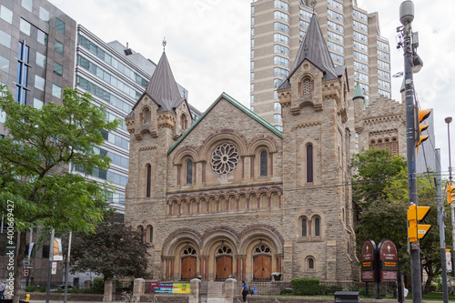 TORONTO, CANADA - JUNE 18, 2017: Exterior view of St. Andrew church,  a large and historic Romanesque Revival Presbyterian church in downtown Toronto, Ontario.  photo