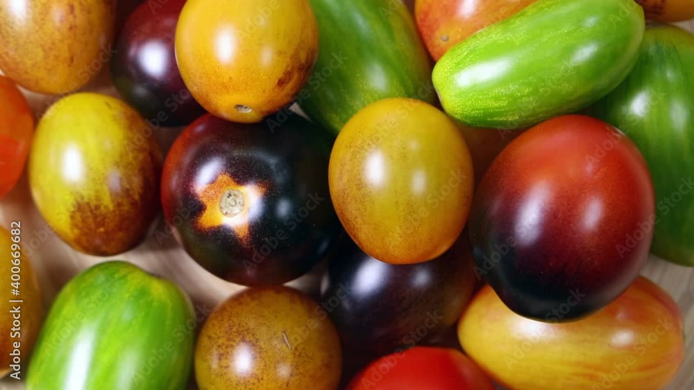 mix variety red orange yellow green tomato closeup overhead top view drop slide mix variety red orange yellow green tomato closeup overhead top view drop slide