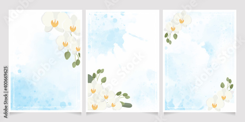 white Phalaenopsis orchid on blue watercolor splash wedding invitation background collection
