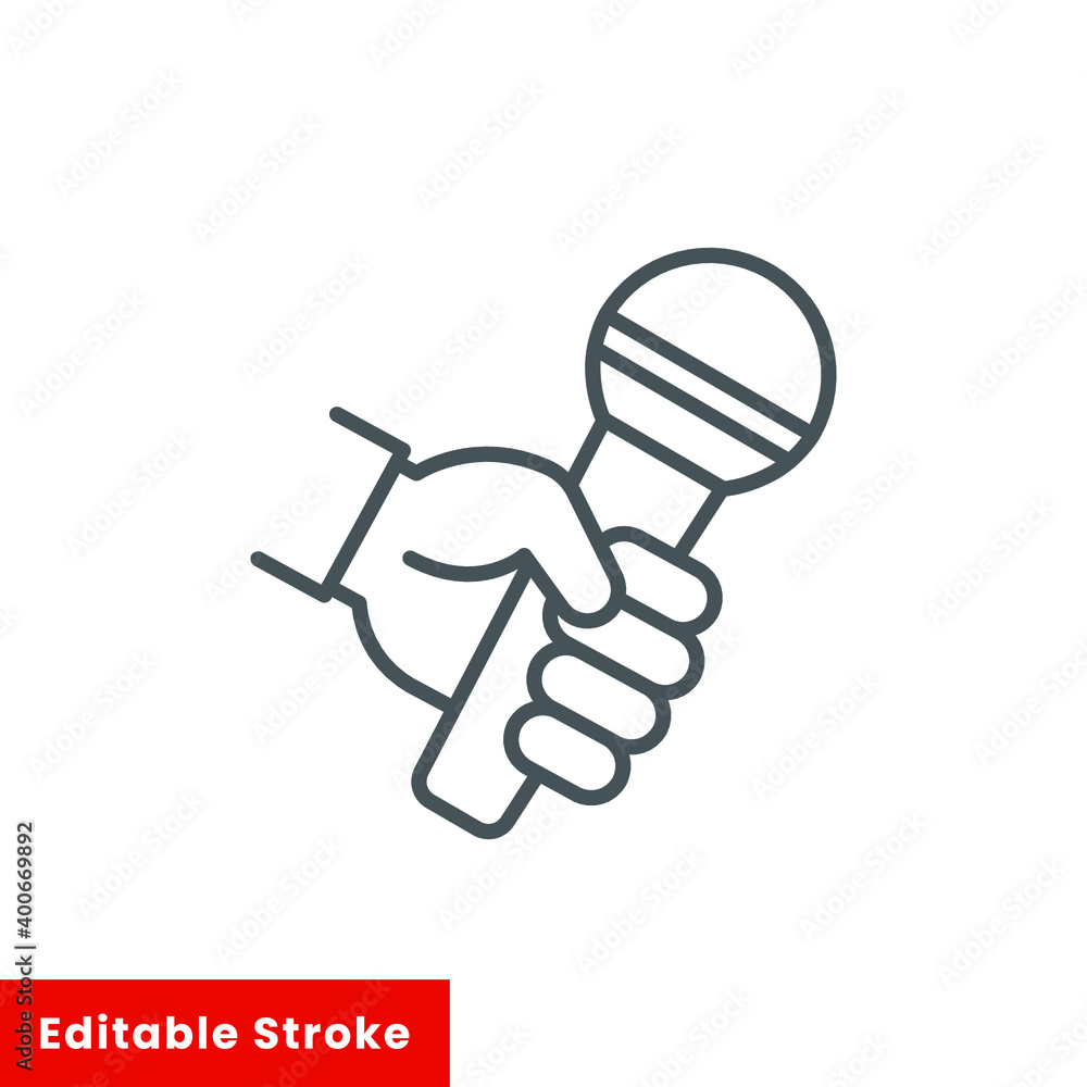Hand holding microphone icon, line style. a handheld microphone is used to interview a source in seeking accurate information. Vector illustration. Design on white background. Editable stroke EPS 10 Hand holding microphone icon, line style. a handheld microphone is used to interview a source in seeking accurate information. Vector illustration. Design on white background. Editable stroke EPS 10