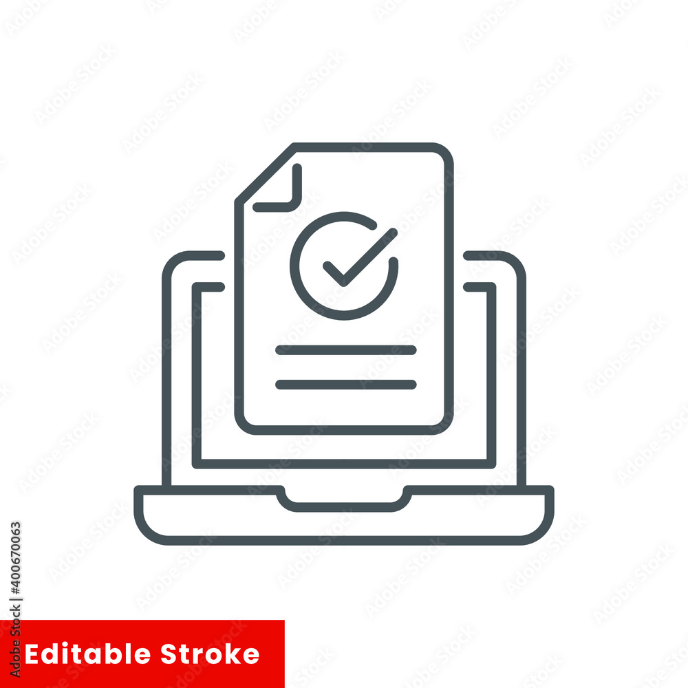 Laptop with check mark outline icon, line style. Checklist browser window. Check mark. White tick on laptop screen. Choice, survey concepts. Elements for web banners. Editable stroke vector eps10. Laptop with check mark outline icon, line style. Checklist browser window. Check mark. White tick on laptop screen. Choice, survey concepts. Elements for web banners. Editable stroke vector eps10.