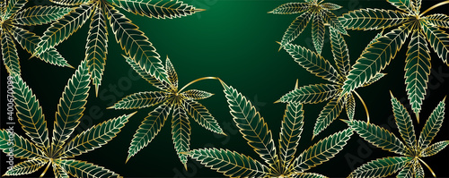 Cannabis or Marijuana golden leaves on deep green banner background. Vector illustration in line art style © 5ph
