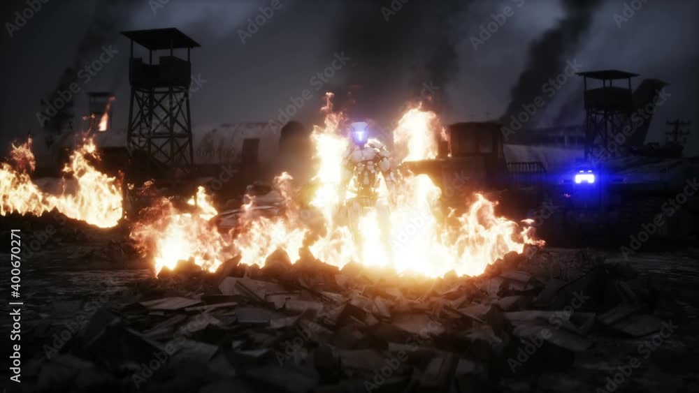 Military robot in a burning ruined apocalyptic city. Armageddon view. Realistic fire simulation. Postapocalyptic. Military robot in a burning ruined apocalyptic city. Armageddon view. Realistic fire simulation. Postapocalyptic.