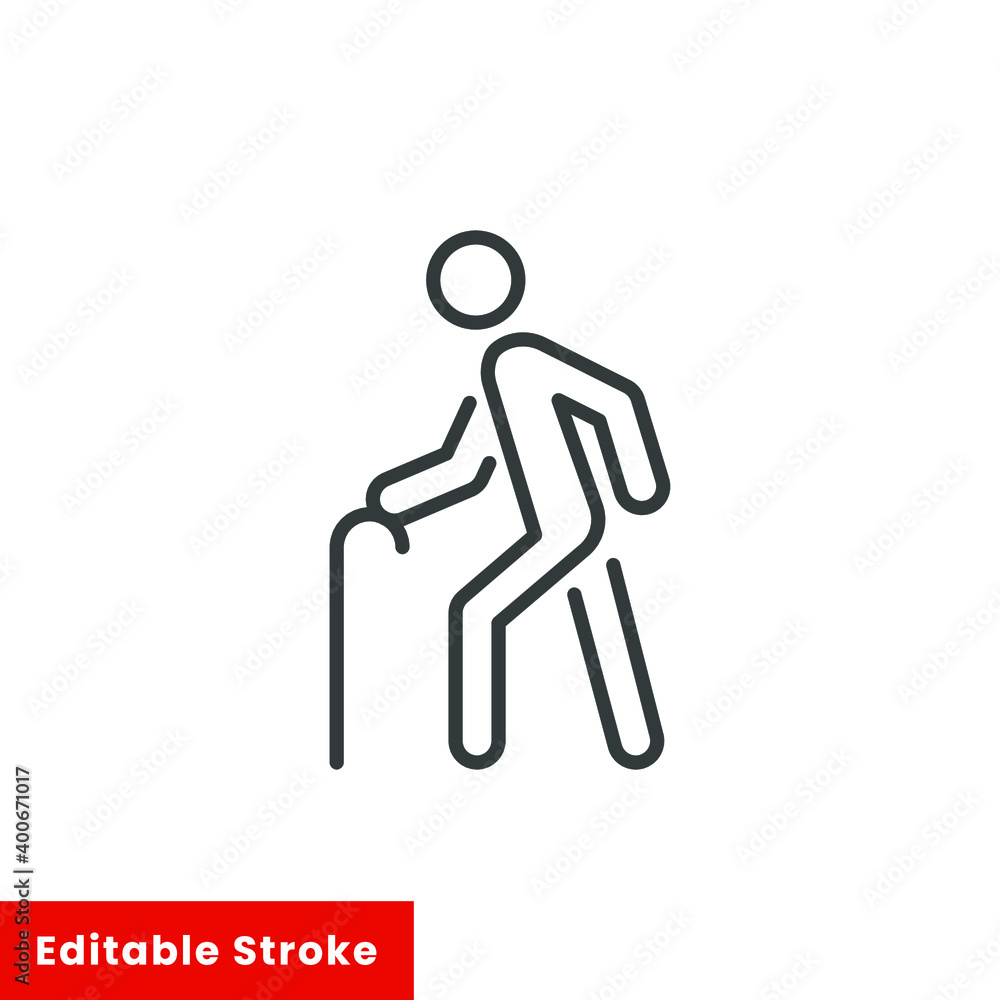 Fototapeta premium Old man icon, elder person with cane, senior generation, thin line web symbol on white background - editable stroke vector illustration eps10