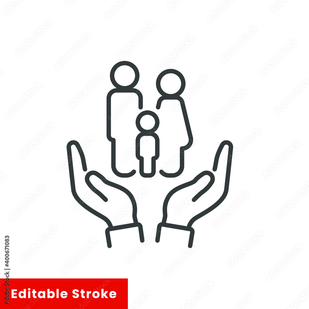 Hands holding family icon. Family life insurance sign, thin line web symbol on white background - editable stroke vector illustration eps10 Hands holding family icon. Family life insurance sign, thin line web symbol on white background - editable stroke vector illustration eps10