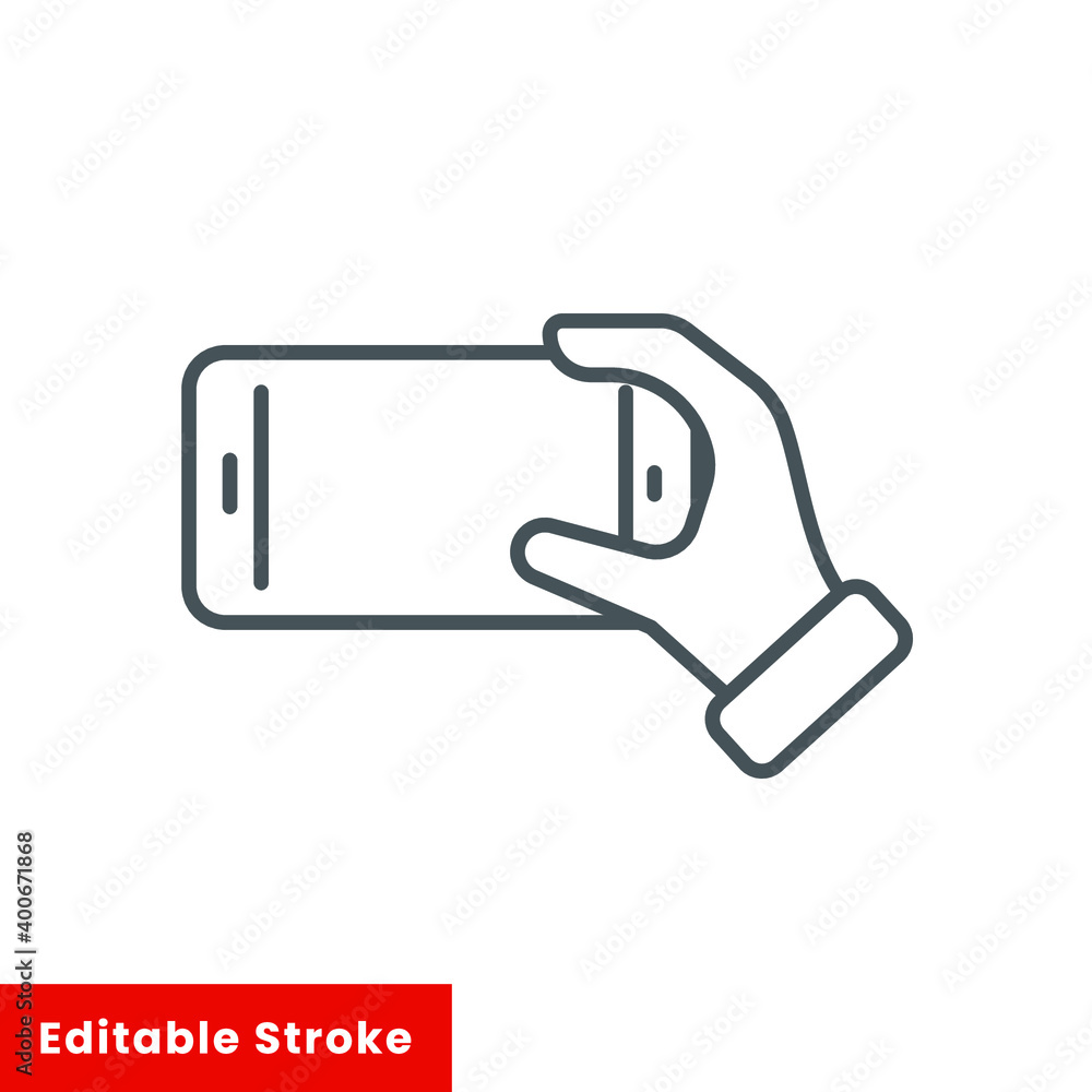 Fototapeta premium Smartphone in hand icon vector. Thin line web symbol on white background - editable stroke vector illustration eps10
