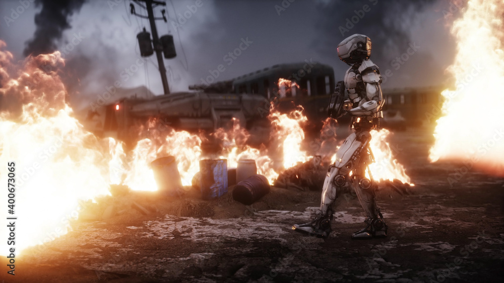 Military robot in a burning ruined apocalyptic city. Armageddon view. Realistic fire simulation. Postapocalyptic.