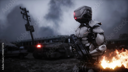 Military robot in a burning ruined apocalyptic city. Armageddon view. Realistic fire simulation. Postapocalyptic.