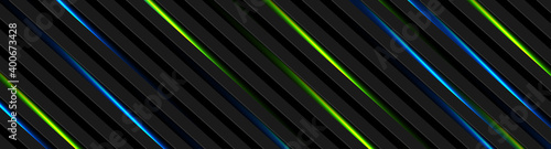 Abstract black stripes with blue green neon glowing light. Vector technology banner design