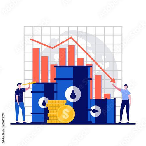 Falling oil prices concept with tiny character. People analysing data with down arrows flat vector illustration. A declining dollar chart for natural carbohydrates, financial crisis metaphor