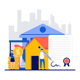 Buying a home, real estate on credit concept with tiny character. People sign agreement and pay interest flat vector illustration. Investment, mortgage, house loan, account, banking metaphor