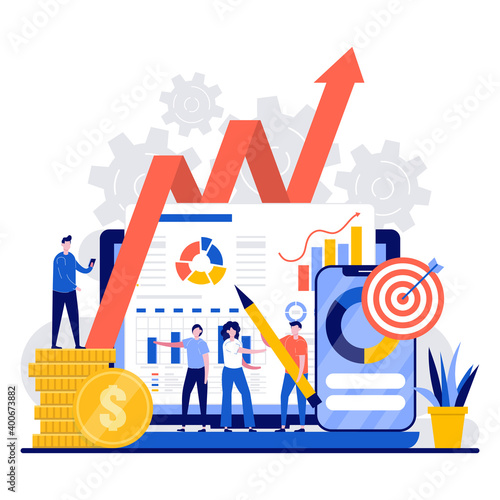 Financial and marketing concept with tiny character. Teamwork, people work together, analyze infographics flat vector illustration. Strategy, planning, market research, finance, investment metaphor