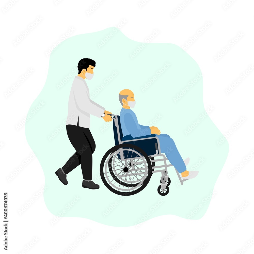 Medical worker help to pushing an old man patient wheelchair vector illustration. Medical worker help to pushing an old man patient wheelchair vector illustration.