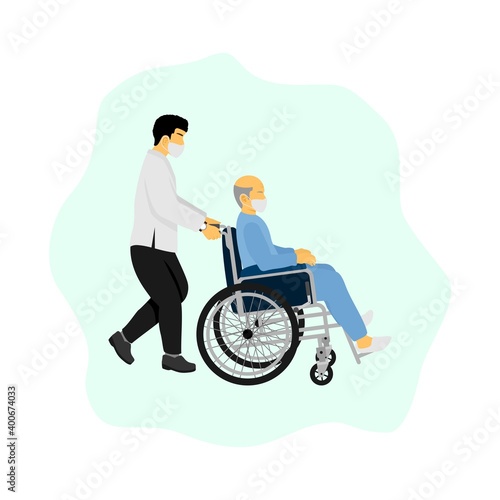 Medical worker help to pushing an old man patient wheelchair vector illustration.