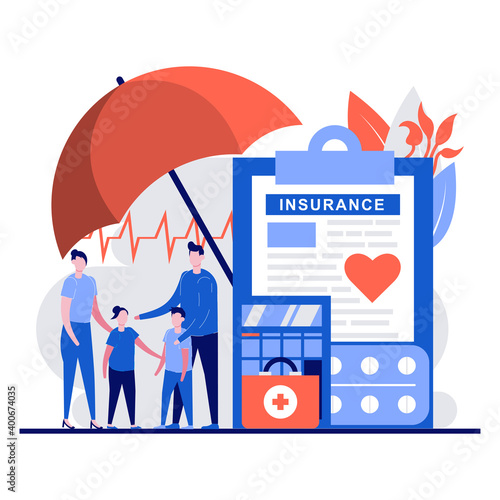 Family health insurance concept with tiny character, pills, calculator, ambulance case, cardiogram, thermometer. People with medical documents flat vector illustration. Life safety metaphor