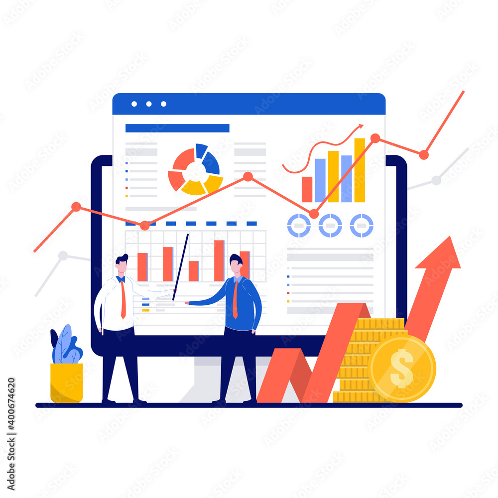 Naklejka premium Risk management concept with tiny character. Employees developing a strategy to minimize potential business losses flat vector illustration. Can use for web banner or landing page idea