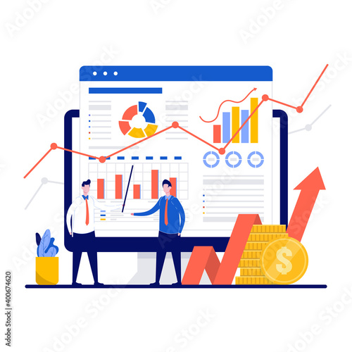 Risk management concept with tiny character. Employees developing a strategy to minimize potential business losses flat vector illustration. Can use for web banner or landing page idea