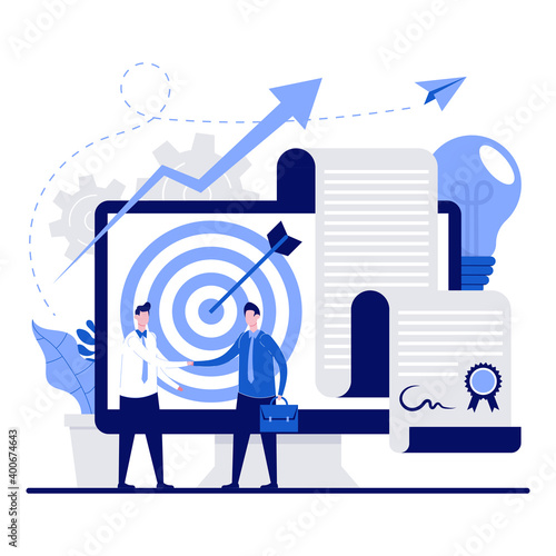 Business partnership, signing a contract, successful cooperation concept with tiny character. Businesspeople shake hand after negotiation agreement flat vector illustration. Can use for landing page