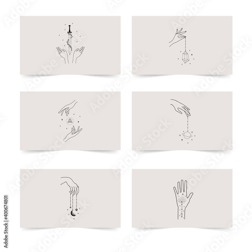 Magical business card. The reverse side. Magic and esoteric. Tarot vector illustration in boho style with linear hands and stars. Witchcraft concept for tarot readers.