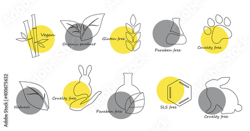 Icon Set: Gluten Free, Cruelty Free, Paraben Free, Vegan, Sls Free and Natural. In trendy colors. For a healthy diet and life
