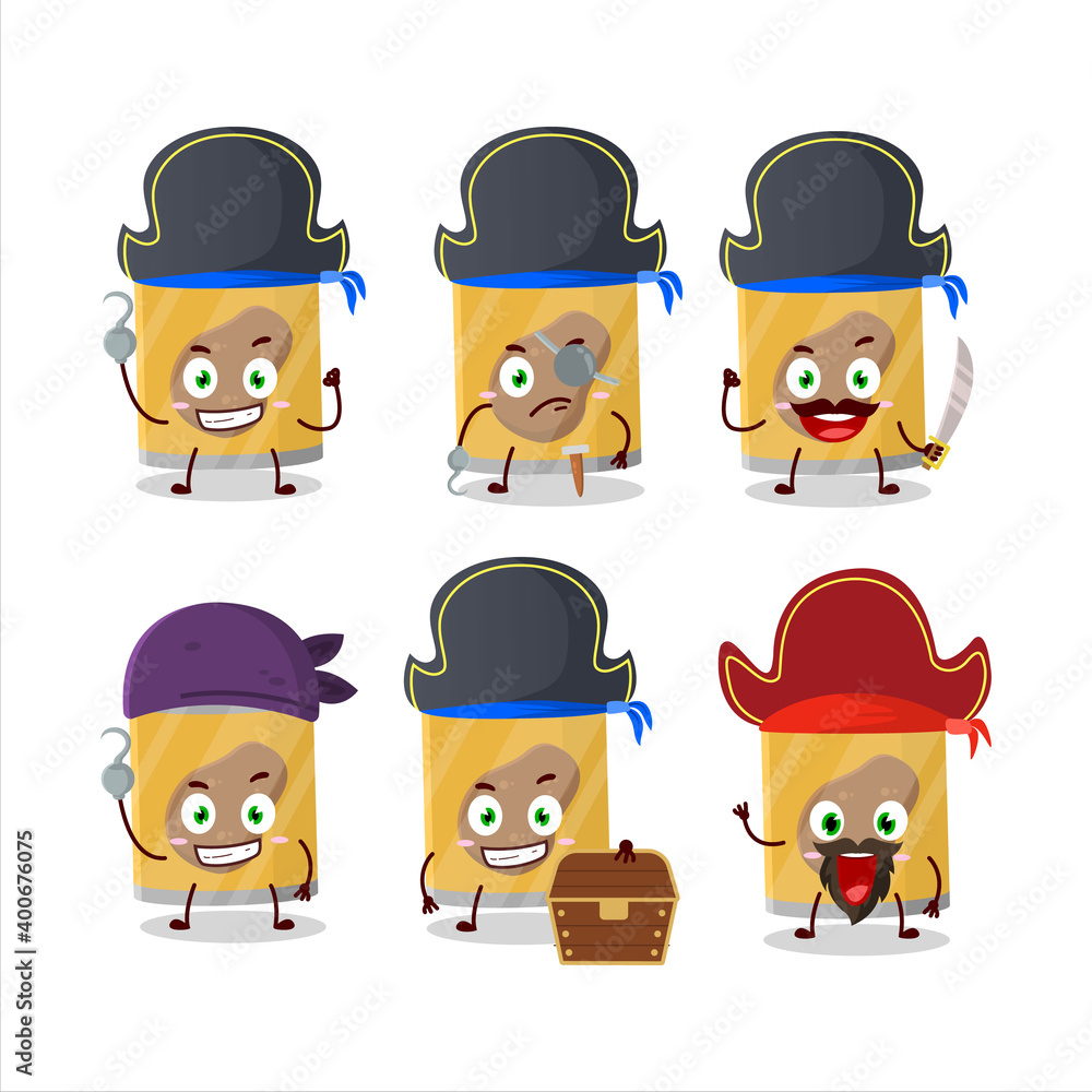 Cartoon character of can of potato with various pirates emoticons