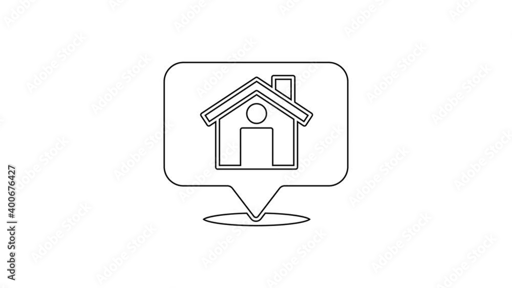 Black line Map pointer with house icon isolated on white background. Home location marker symbol. 4K Video motion graphic animation