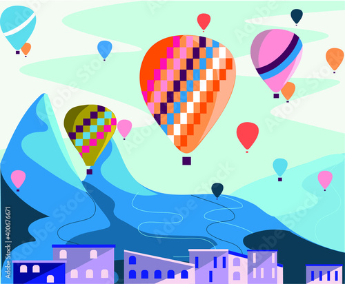Balloons and mountains. Beautiful landscape. Vector illustration