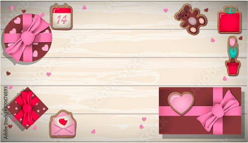 Top view of a wooden table with Valentine s Day cookies and items. Romantic picture in pink, turquoise and red. Gifts, calendar, sweets, goods for celebrating Valentine s Day. Vector illustration for