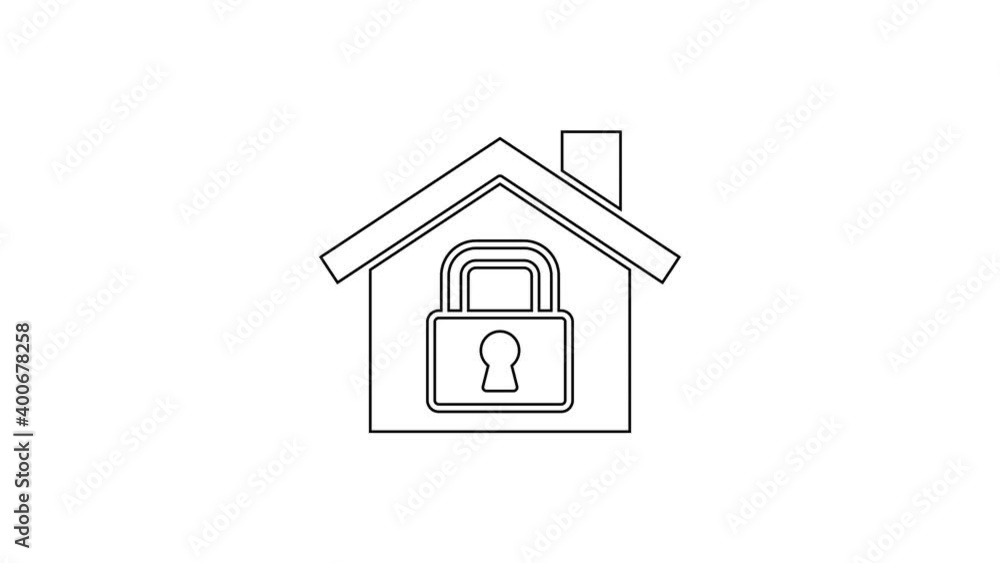 Black line House under protection icon isolated on white background. Home and lock. Protection, safety, security, protect, defense concept. 4K Video motion graphic animation Black line House under protection icon isolated on white background. Home and lock. Protection, safety, security, protect, defense concept. 4K Video motion graphic animation