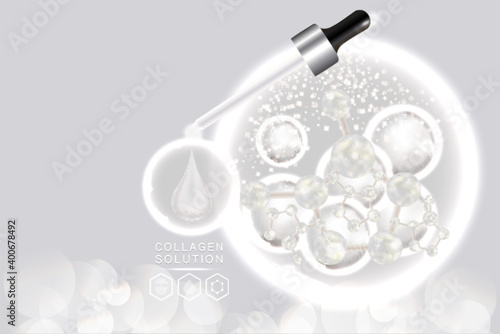 Hyaluronic acid skin solutions ad, white collagen serum drop with cosmetic advertising background ready to use, illustration vector.
