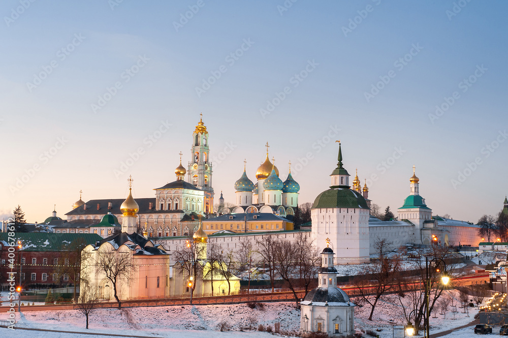 Russia's golden ring. Sergiev Posad in winter at sunset. The Holy Trinity-St. Sergius Lavra.