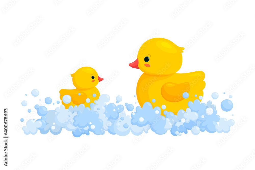 Rubber duck family in soap foam isolated in white background. Side view of yellow plastic duck toys in suds, parent and baby. Vector illustration in cartoon style Rubber duck family in soap foam isolated in white background. Side view of yellow plastic duck toys in suds, parent and baby. Vector illustration in cartoon style