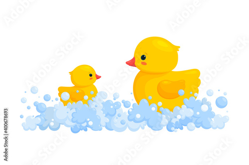 Rubber duck family in soap foam isolated in white background. Side view of yellow plastic duck toys in suds, parent and baby. Vector illustration in cartoon style
