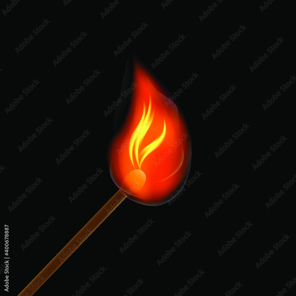 Burning match on black background, sign for design, vector illustration