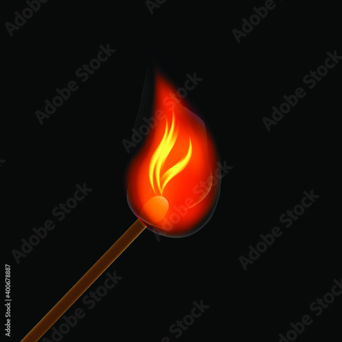 Burning match on black background, sign for design, vector illustration