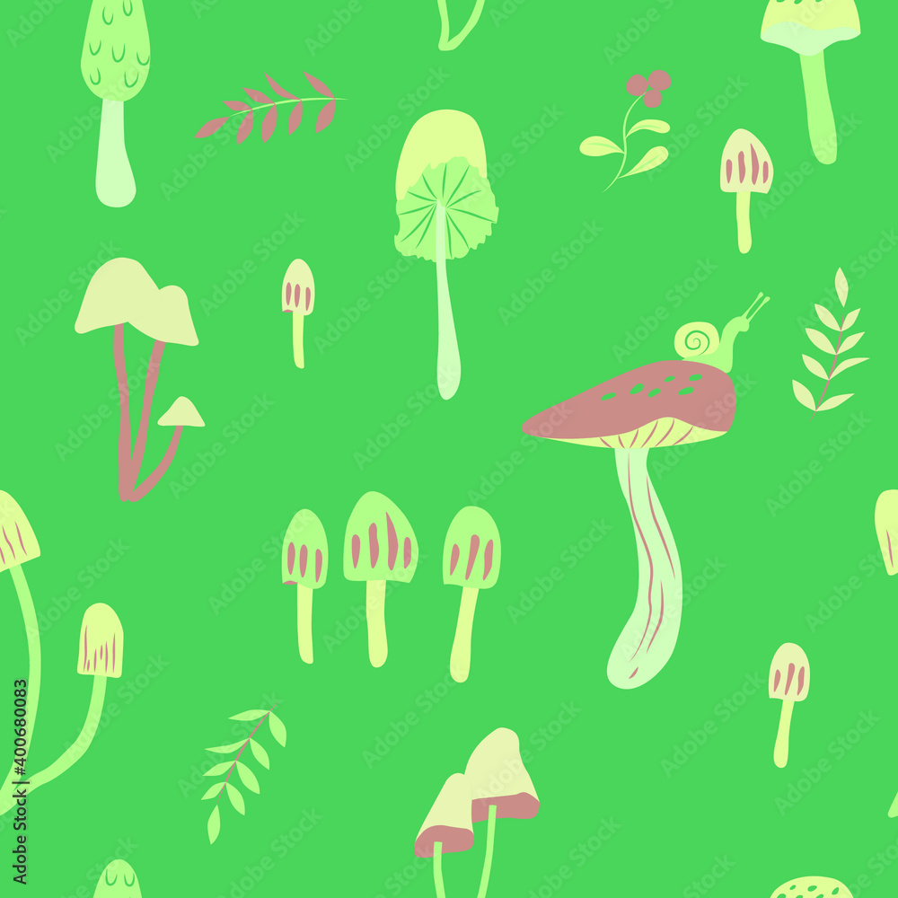 Pattern vector illustration with edible mushrooms and toadstools. Creative design for decoration. Suitable for fabrics, wallpaper, printing and interior design. Pattern vector illustration with edible mushrooms and toadstools. Creative design for decoration. Suitable for fabrics, wallpaper, printing and interior design.