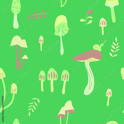 Pattern vector illustration with edible mushrooms and toadstools. Creative design for decoration. Suitable for fabrics, wallpaper, printing and interior design.