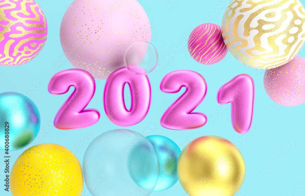 Christmas and Happy new year background with fancy geometric balloons. 3d render.