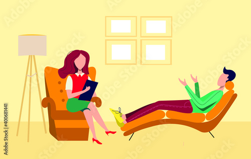 Psychologist's office. Depression, conversation. Vector illustration. Cartoon character. Isolated.